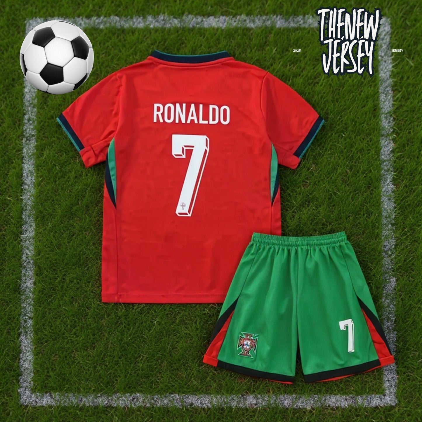 Back view of Ronaldo 7 kids football jersey and shorts set
