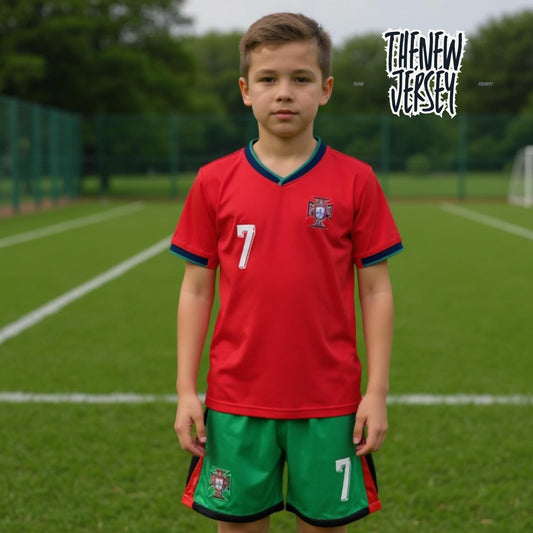 Child wearing Ronaldo 7 kids football kit jersey and shorts on soccer field
