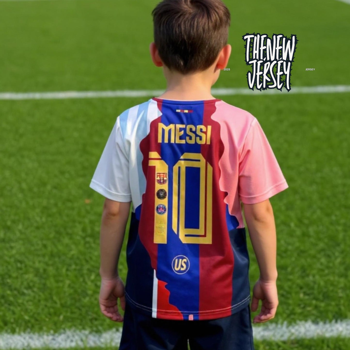 Back view of kids football kit jersey and shorts set
