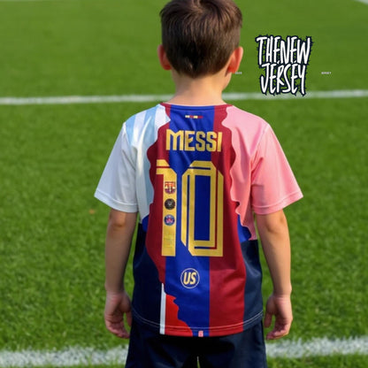 Back view of kids football kit jersey and shorts set
