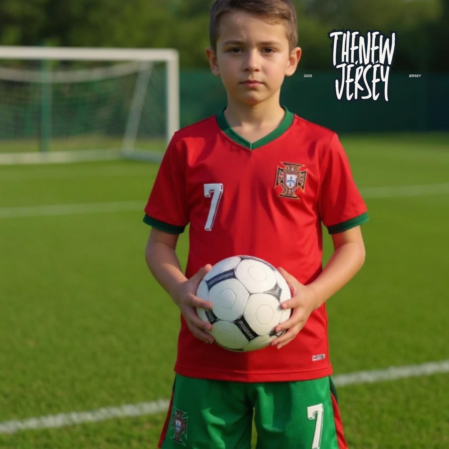 Child wearing Ronaldo 7 kids football outfit holding a soccer ball
