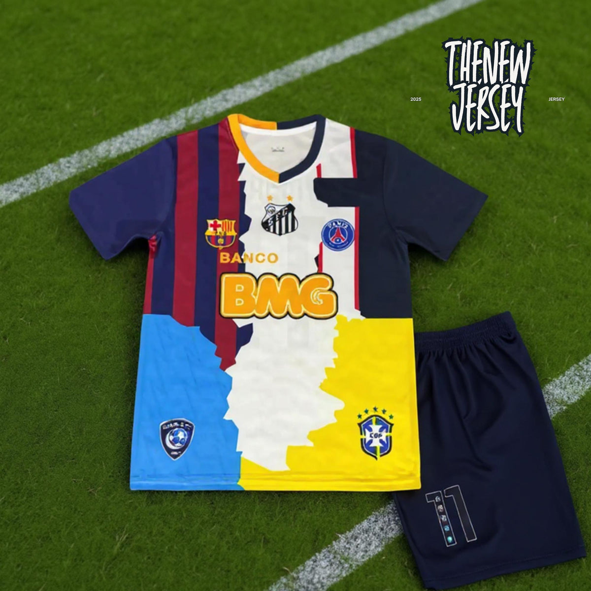 Neymar Jr inspired kids football kit with colorful jersey and matching shorts laid on grass
