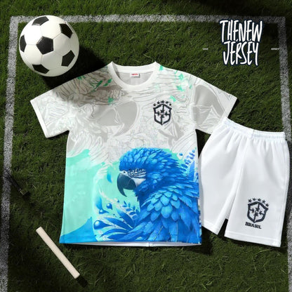 Brazil inspired kids football jersey laid flat showing front design
