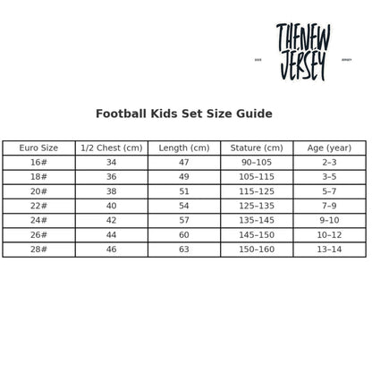 Kids football kit size chart for dark patterned jersey and shorts set
