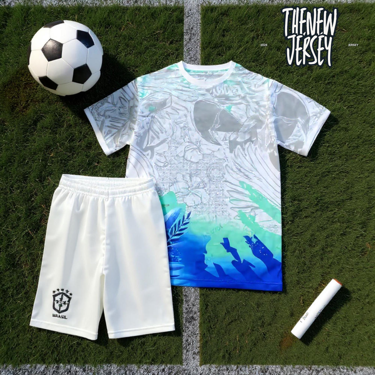 Brazil inspired kids football jersey and shorts set laid flat
