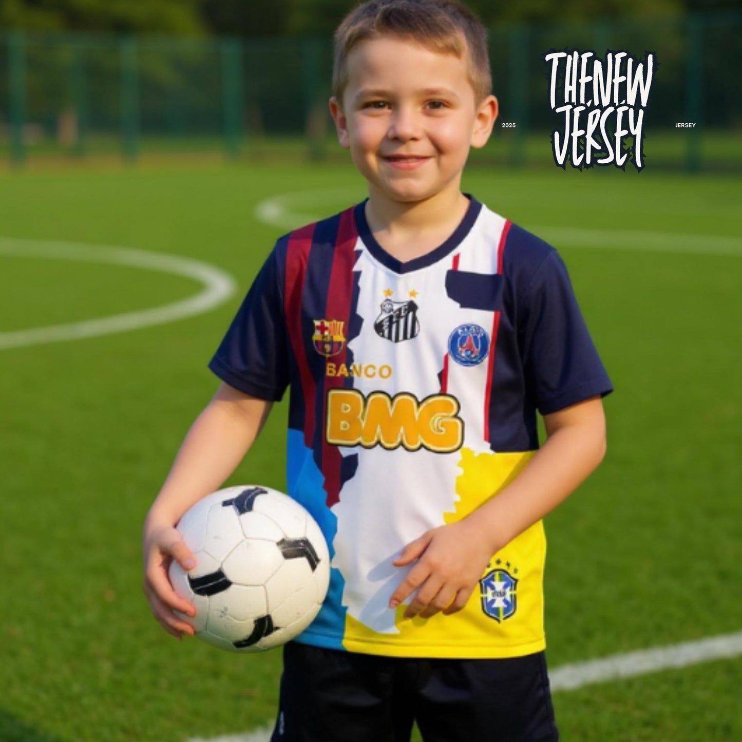 Young football player wearing Neymar Jr inspired kids soccer kit holding a football
