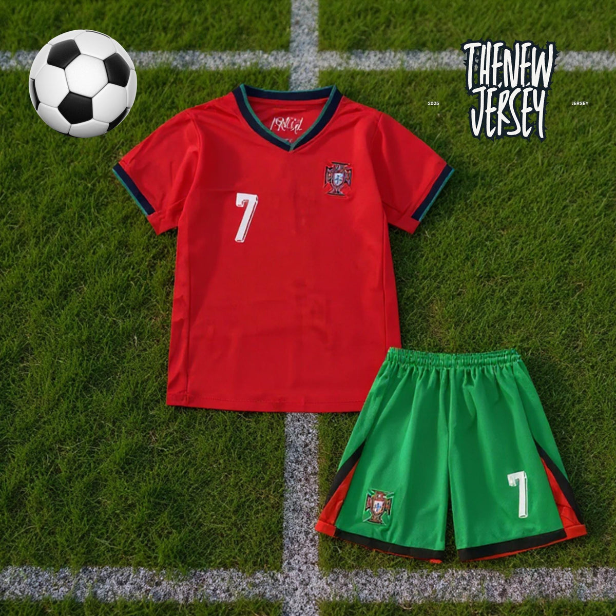 Ronaldo 7 kids football kit jersey and shorts Portugal inspired flat lay
