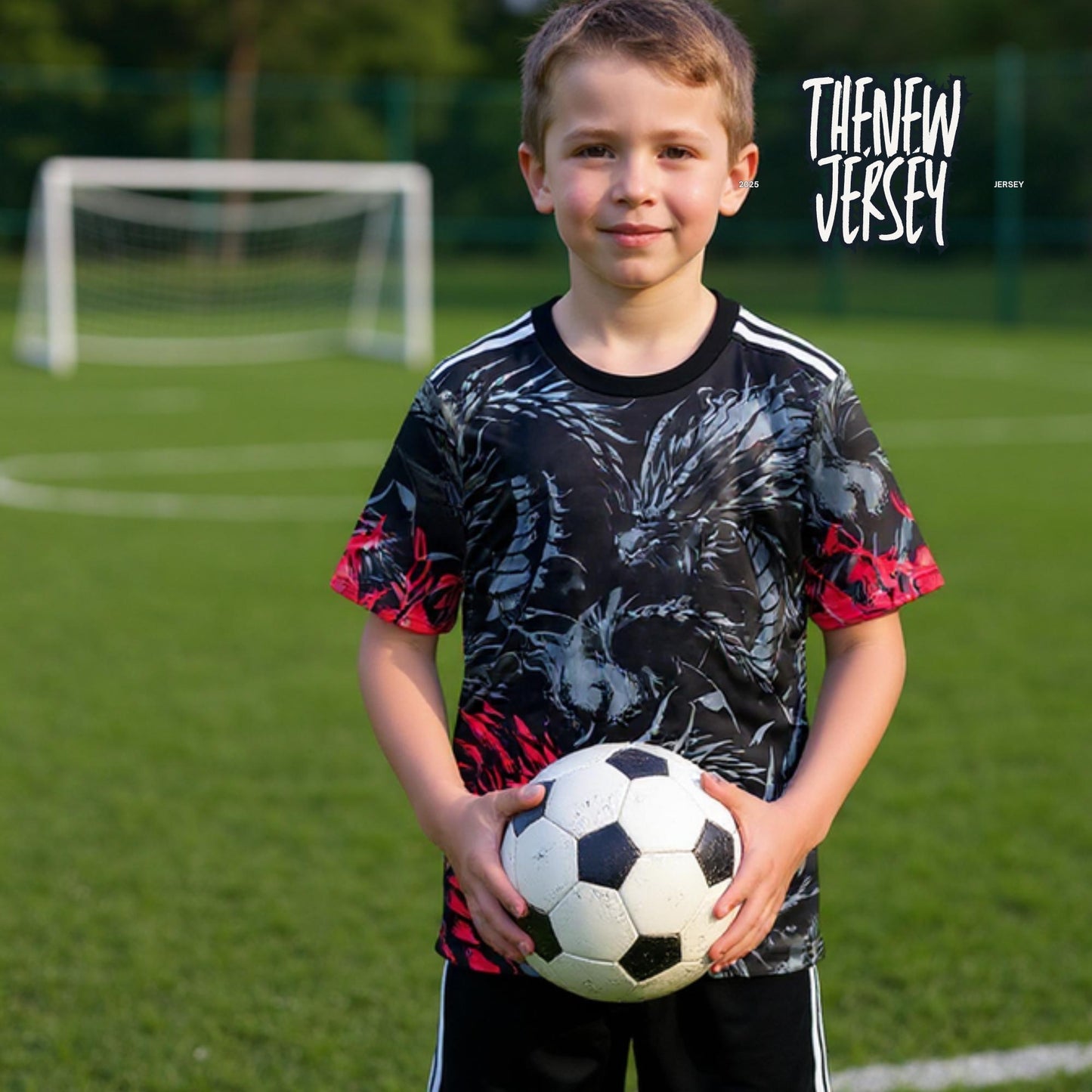 Young football player wearing dark patterned kids soccer kit holding a football
