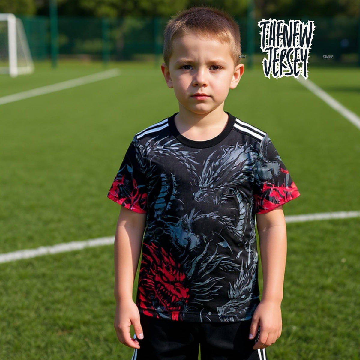 Child wearing dark patterned kids football kit standing on a soccer field
