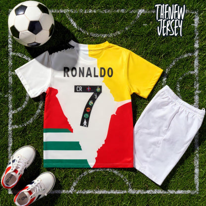 Ronaldo inspired kids football jersey and shorts set laid flat
