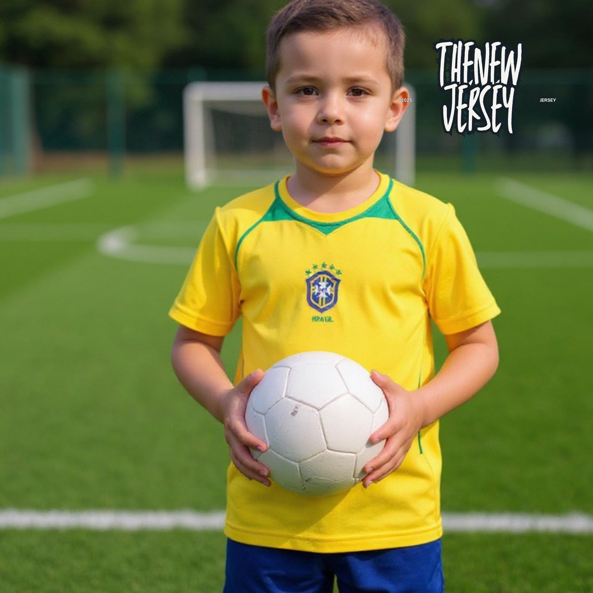Child playing soccer wearing kids football kit jersey and shorts
