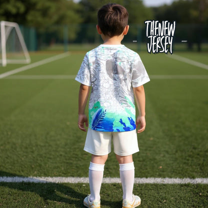 Back view of kids soccer kit inspired by Brazil worn on a football pitch

