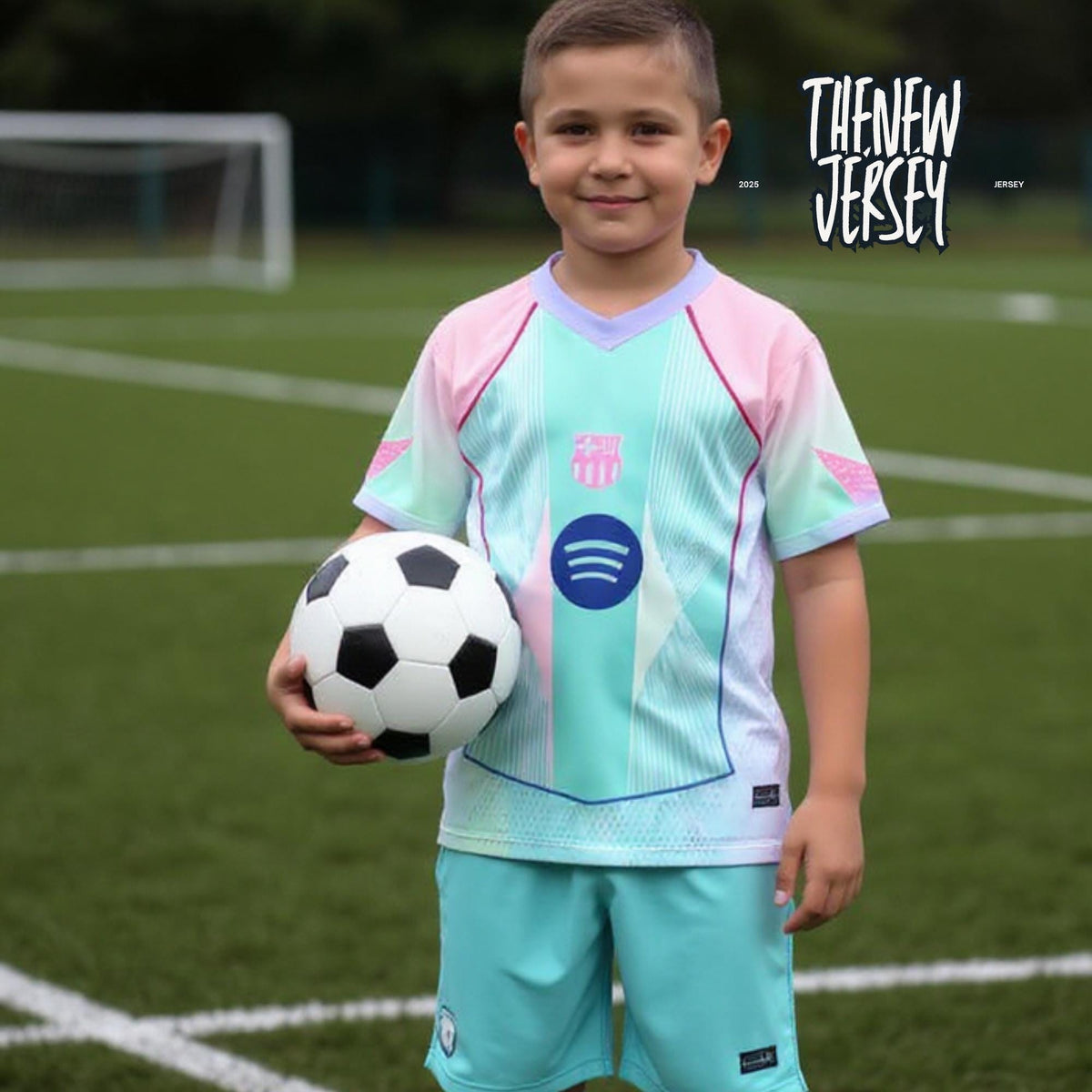 Child wearing kids football outfit holding a soccer ball on field
