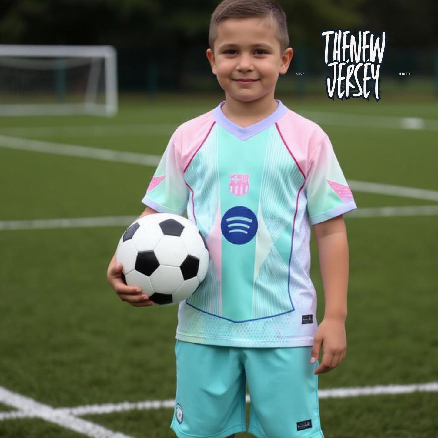 Child wearing kids football outfit holding a soccer ball on field
