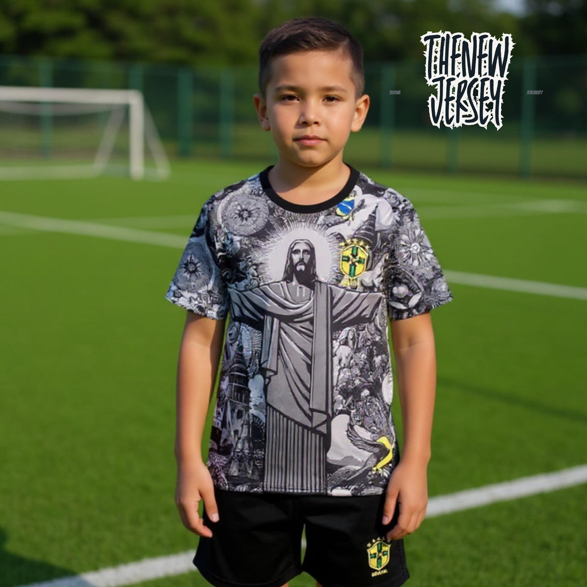 Kids football kit jersey and shorts worn by child on soccer field
