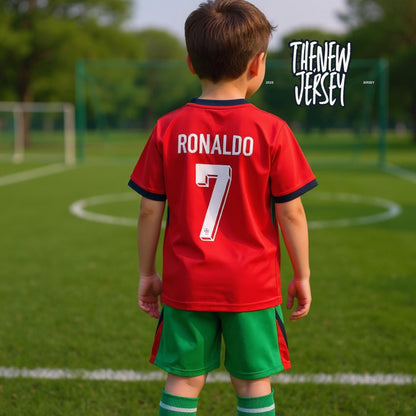 Back view of Ronaldo 7 kids football jersey and shorts Portugal style
