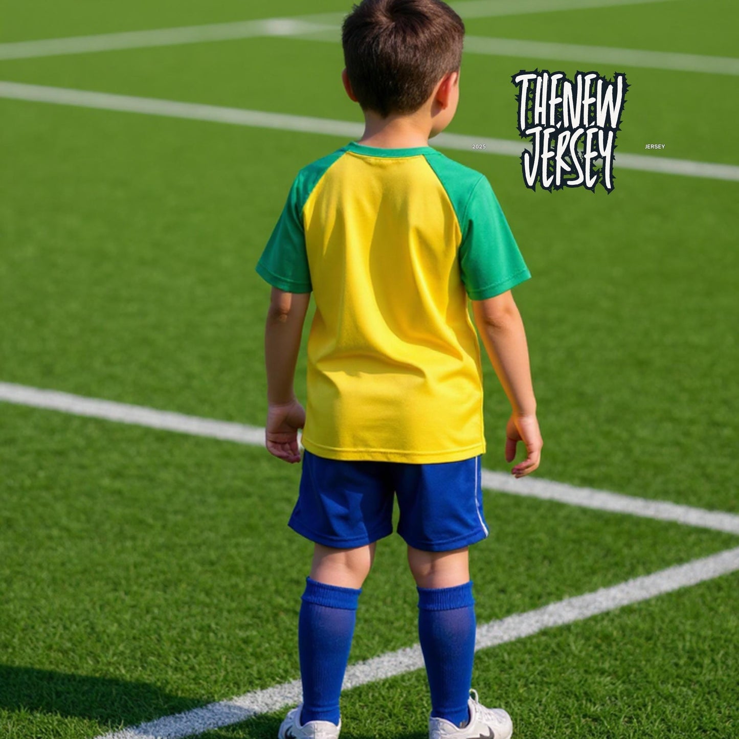 Child playing soccer wearing kids football kit jersey and shorts
