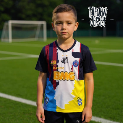 Child wearing Neymar Jr inspired kids football kit standing on a soccer field
