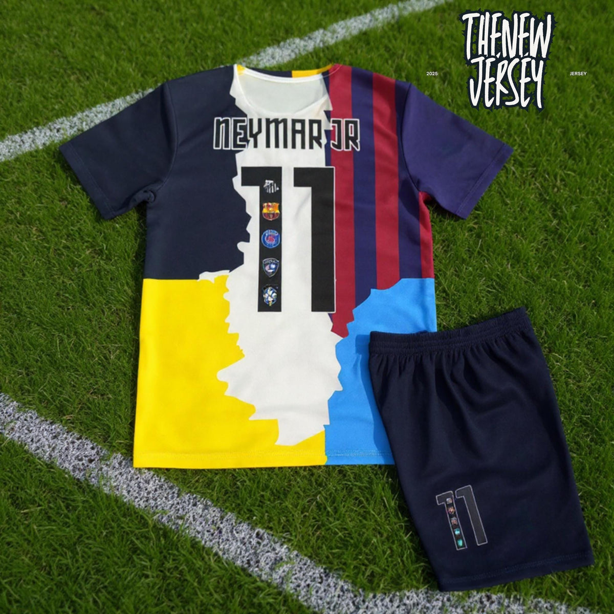 Colorful Neymar Jr inspired kids soccer jersey and shorts set with nostalgic design
