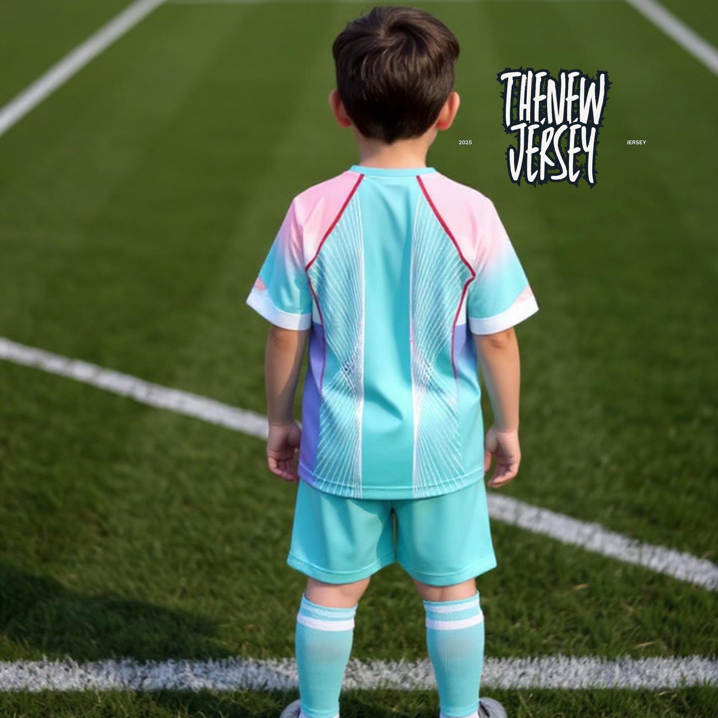 Back view of kids football kit jersey and shorts in pink and green
