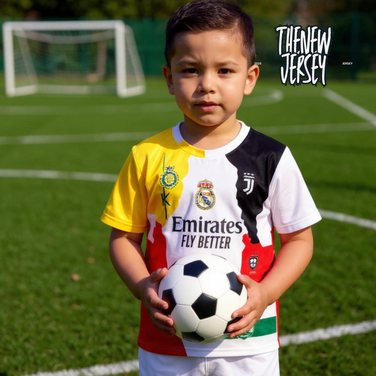 Young football player wearing Ronaldo inspired kids soccer kit holding a football
