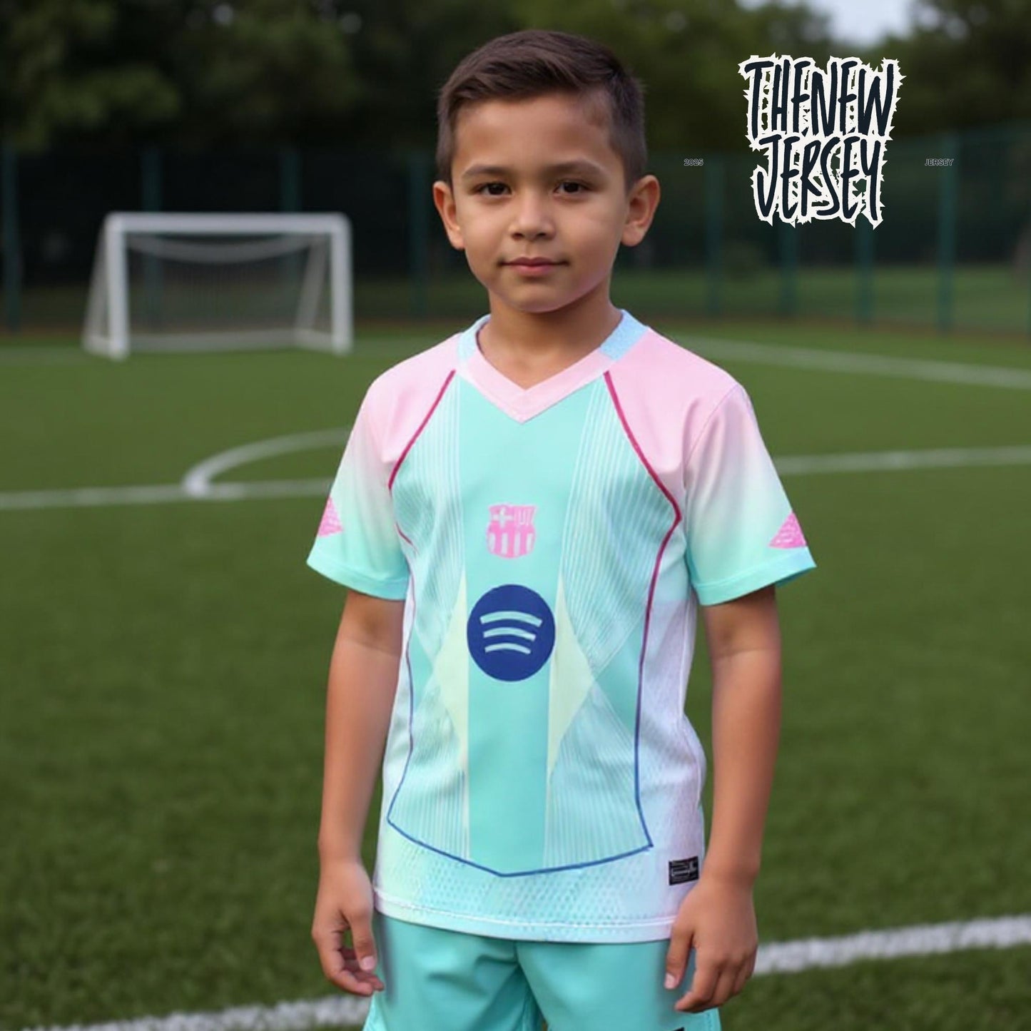 Child wearing kids football kit jersey and shorts in pink and green
