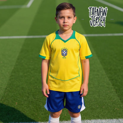 Back view of child wearing Brazil inspired kids football jersey and shorts

