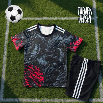 Dark patterned kids football jersey laid flat showing front design
