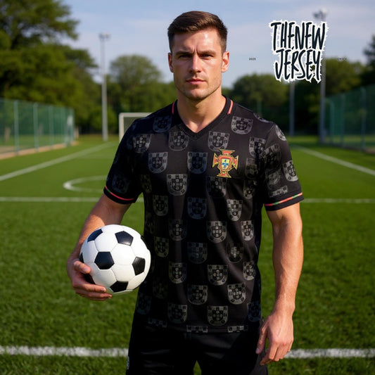 Adult wearing Portugal inspired football jersey holding a soccer ball on the field
