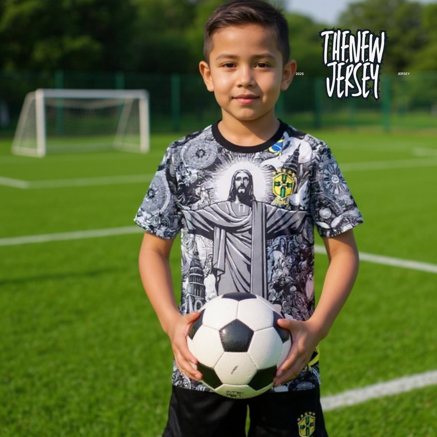 Child wearing kids football jersey and shorts during football play
