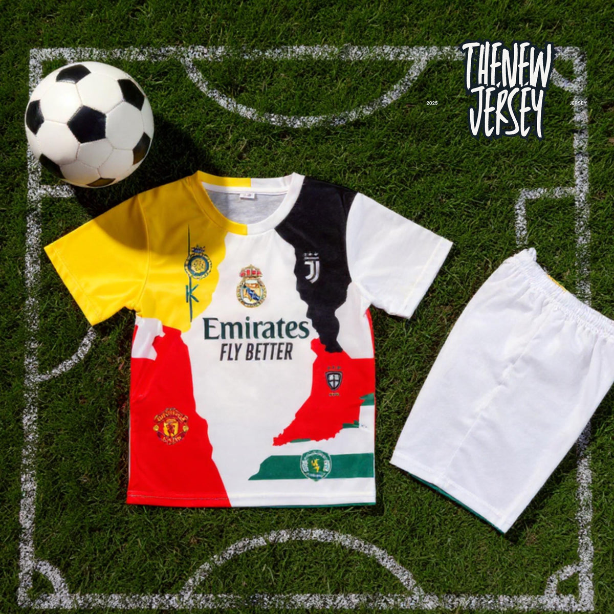 Ronaldo inspired kids football jersey laid flat showing front design
