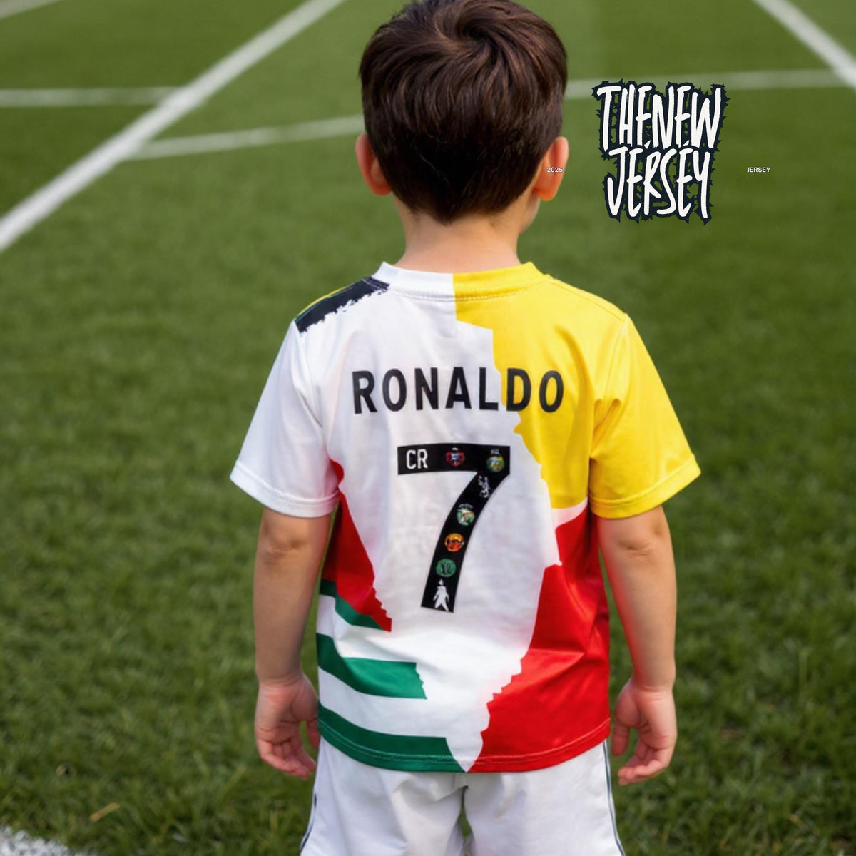 Back view of kids soccer kit inspired by Ronaldo with number 7 worn on a football pitch
