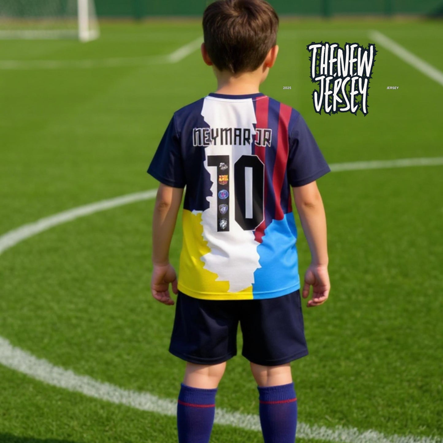 Back view of kids soccer kit inspired by Neymar Jr worn on a football pitch
