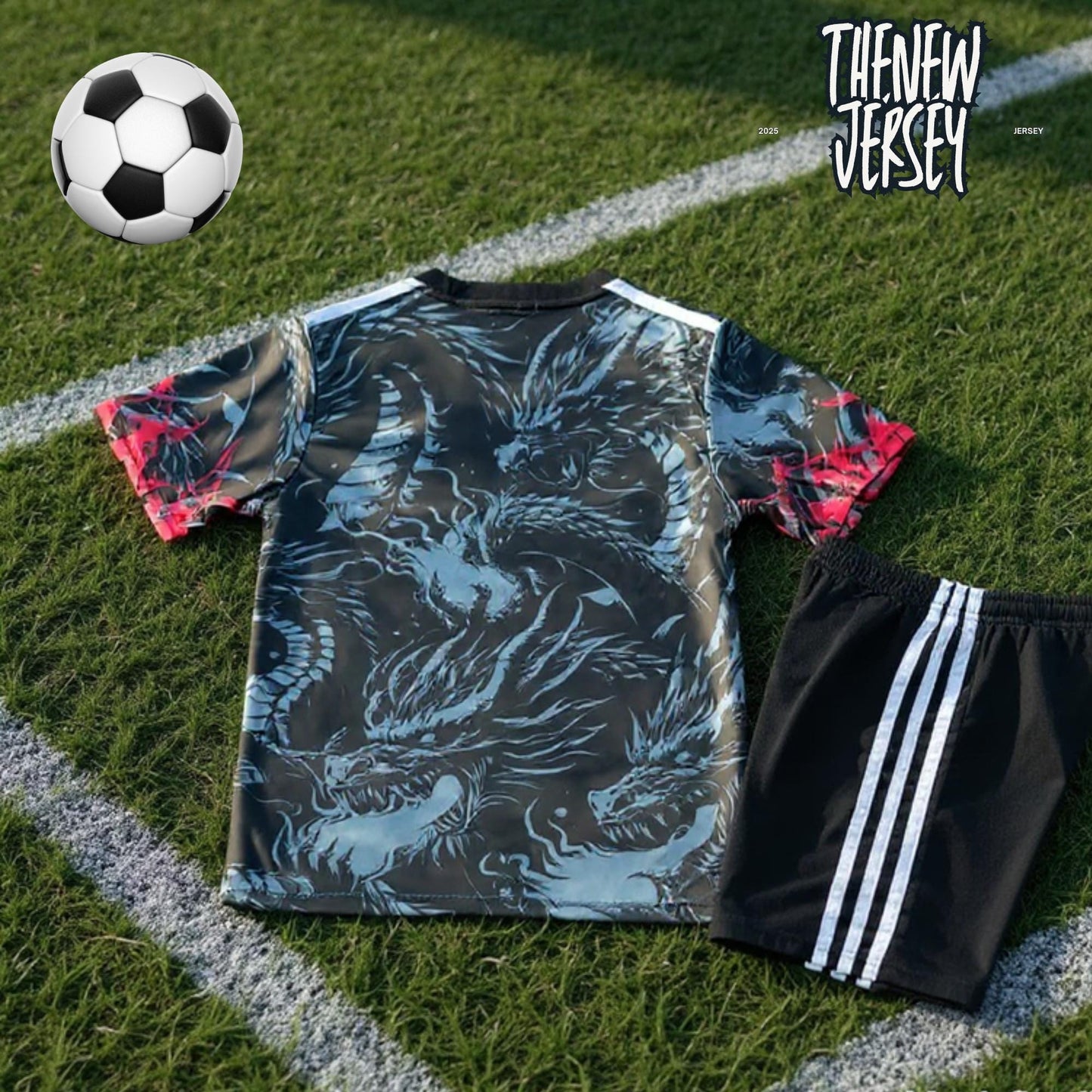 Dark patterned kids football jersey and shorts set laid flat
