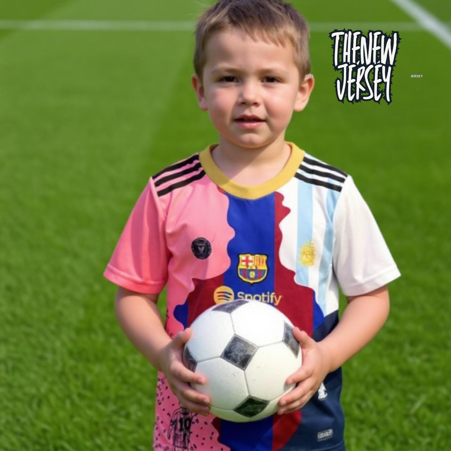 Kids football kit worn by child holding soccer ball
