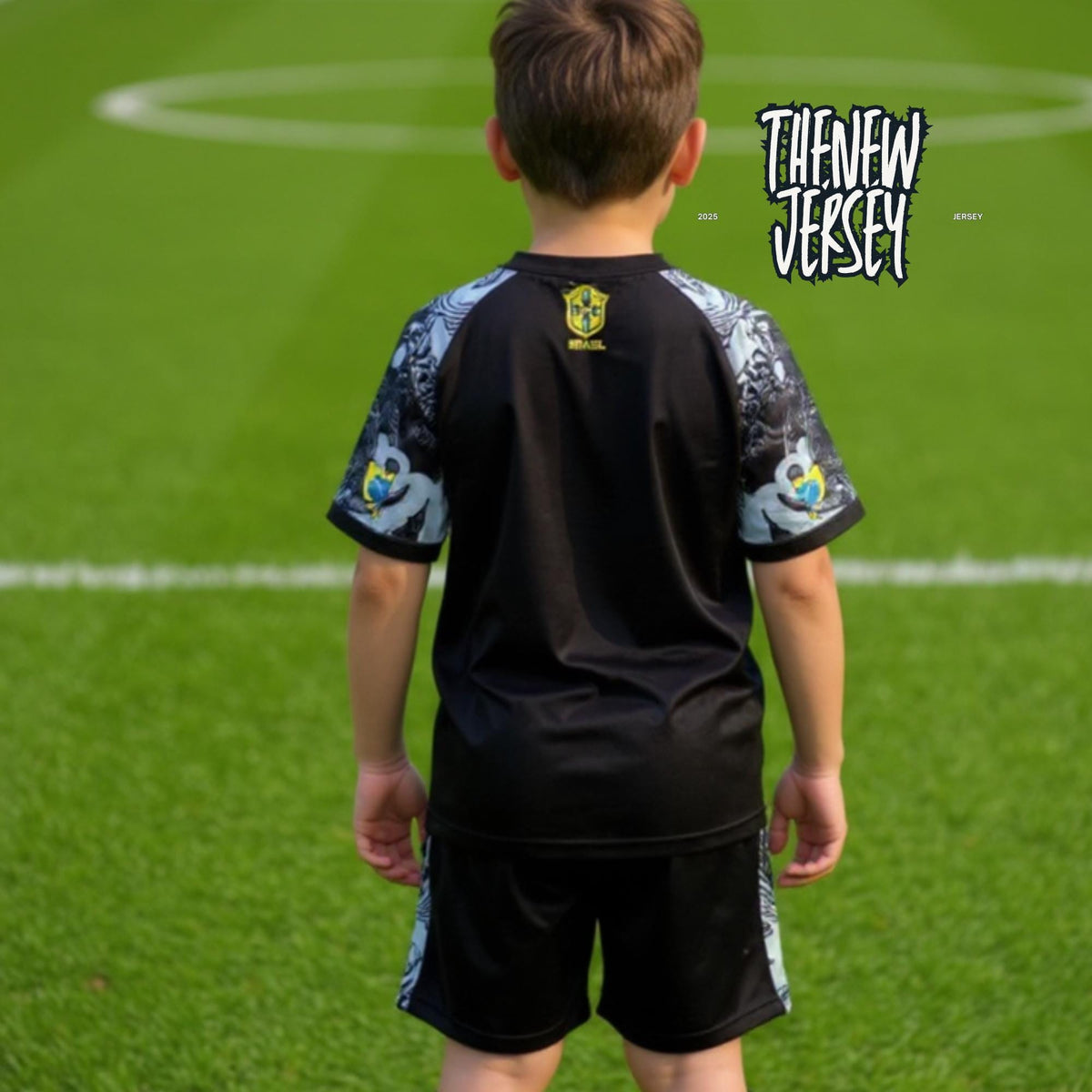 Back view of kids football kit jersey and shorts set
