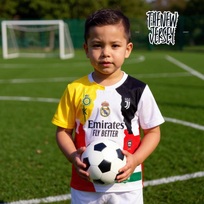 Child wearing Ronaldo inspired kids football kit in yellow, white and red holding a soccer ball on the field
