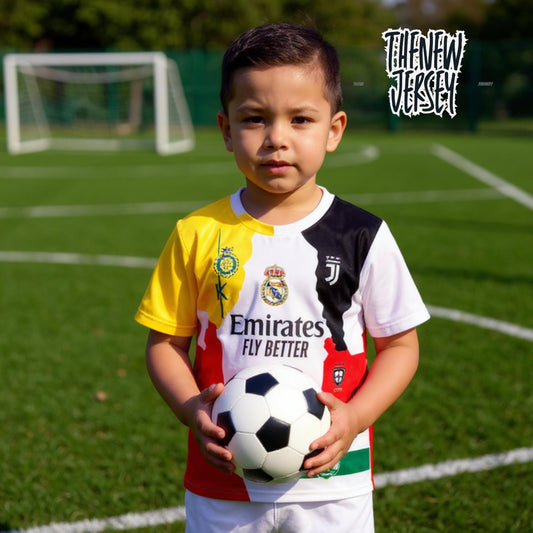 Child wearing Ronaldo inspired kids football kit in yellow, white and red holding a soccer ball on the field
